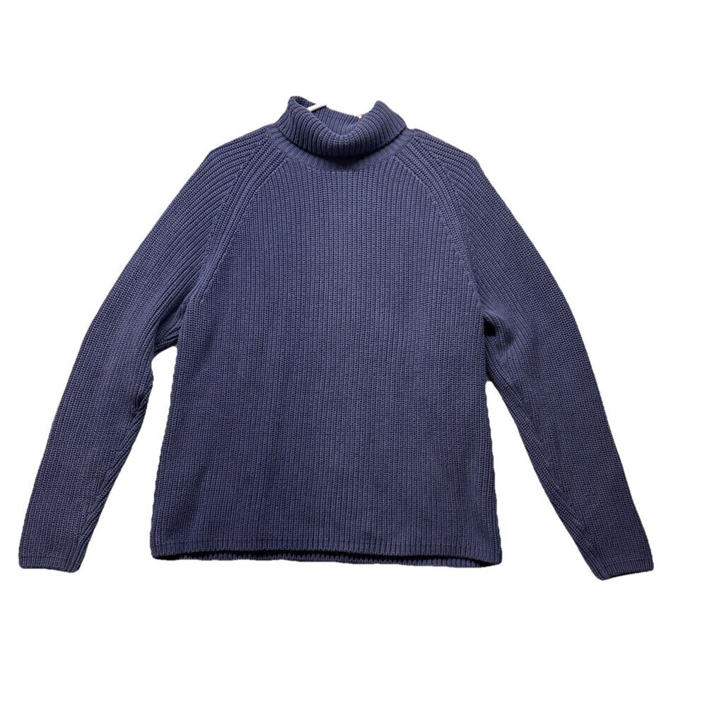 Lands End Women’s Size Large 14-16 Blue Cotton Ribbed Chunky Knit Turtleneck - Picture 1 of 4